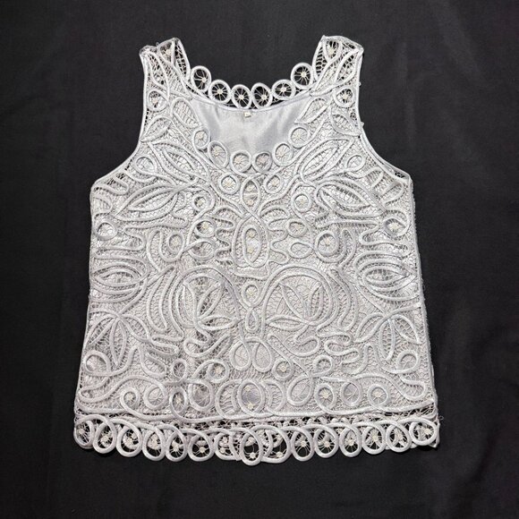 Satin Embroidered Over Mesh Jacket & Lined Sleeveless blouse. Large Silver - Picture 6 of 13